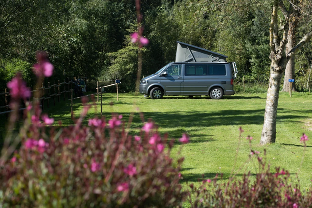 Van set up in a large shaded pitch at Camping des Nobis d'Anjou