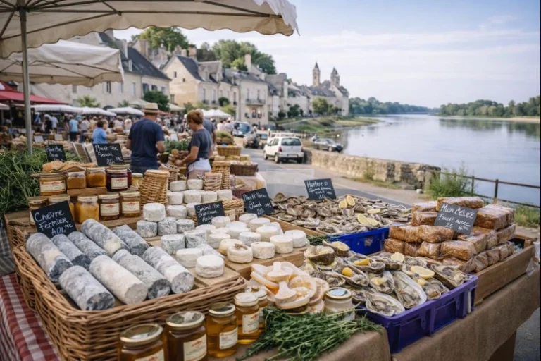 Marché de Montsoreau au bord de la Loire avec produits du terroir ligérien