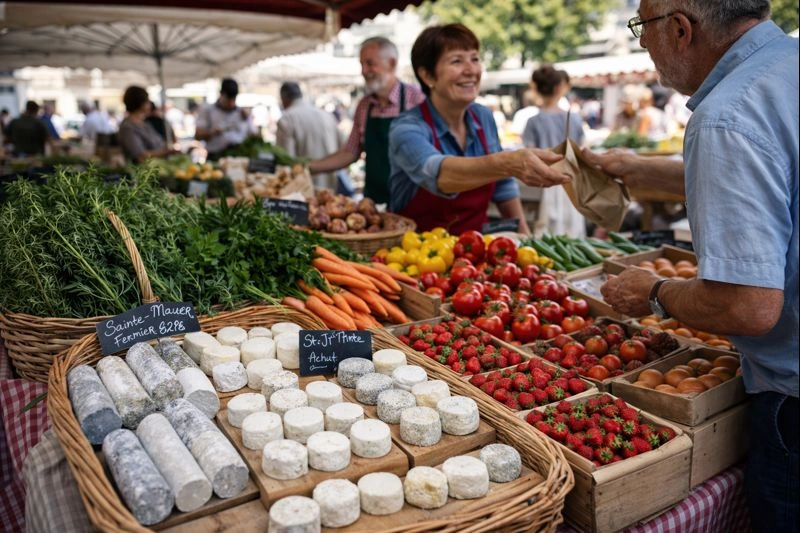 Marché de Saumur le samedi avec producteurs locaux, fromages et fruits de saison