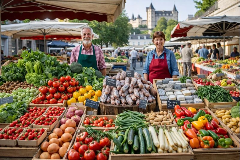 Marché local près de Saumur avec étals de produits du terroir du Val de Loire