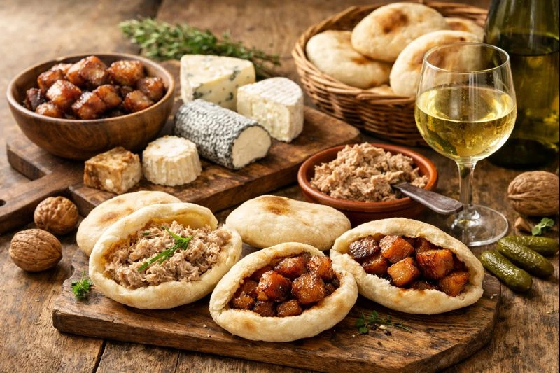 Spécialités gastronomiques de l’Anjou avec fouées, rillauds et produits du terroir